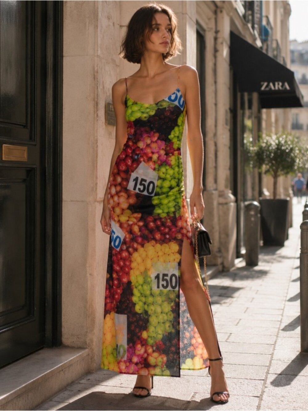 ZARA Ruched Mesh Fruit Stand Strappy Maxi Dress